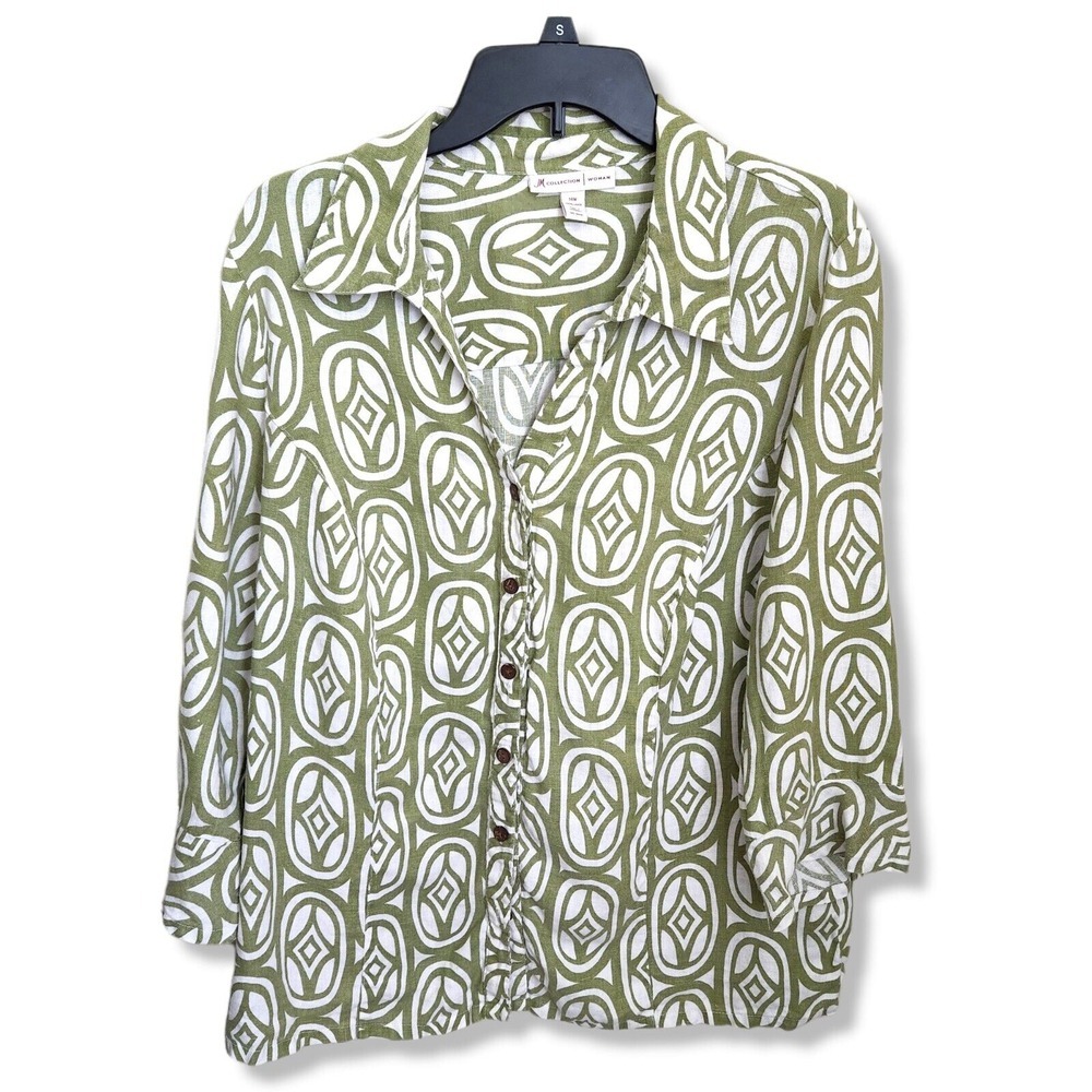 JM Collection Women's Size 14W Blouse 3/4‎ Sleeves Button Down V Neck 100% Linen